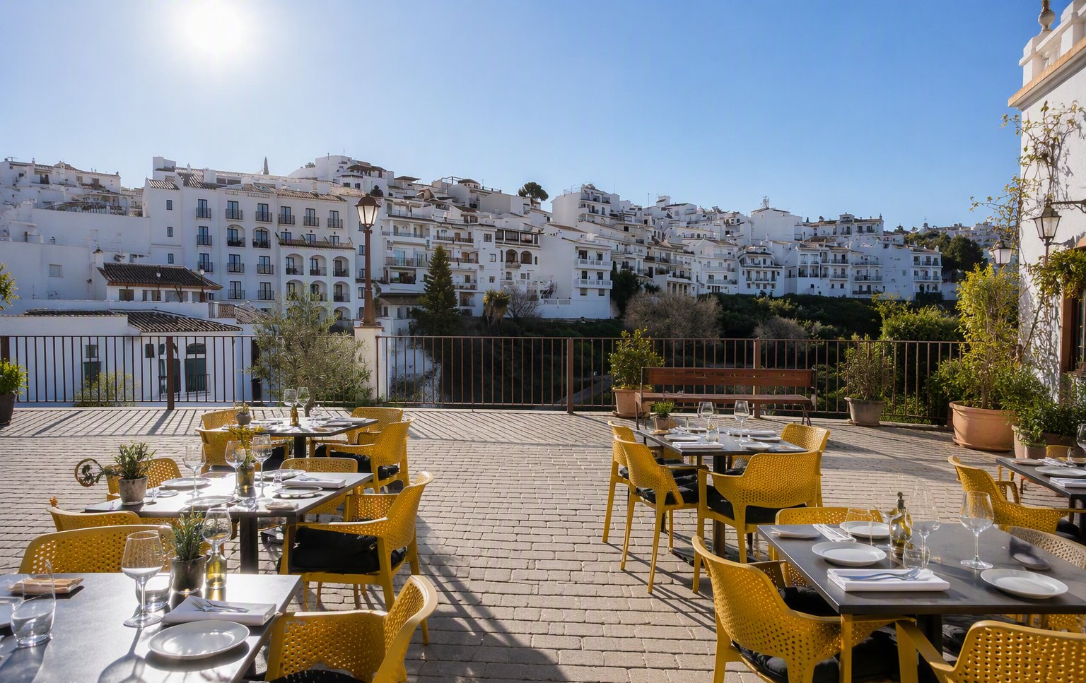The terrace of Nueva Tahona overlooking Frigiliana